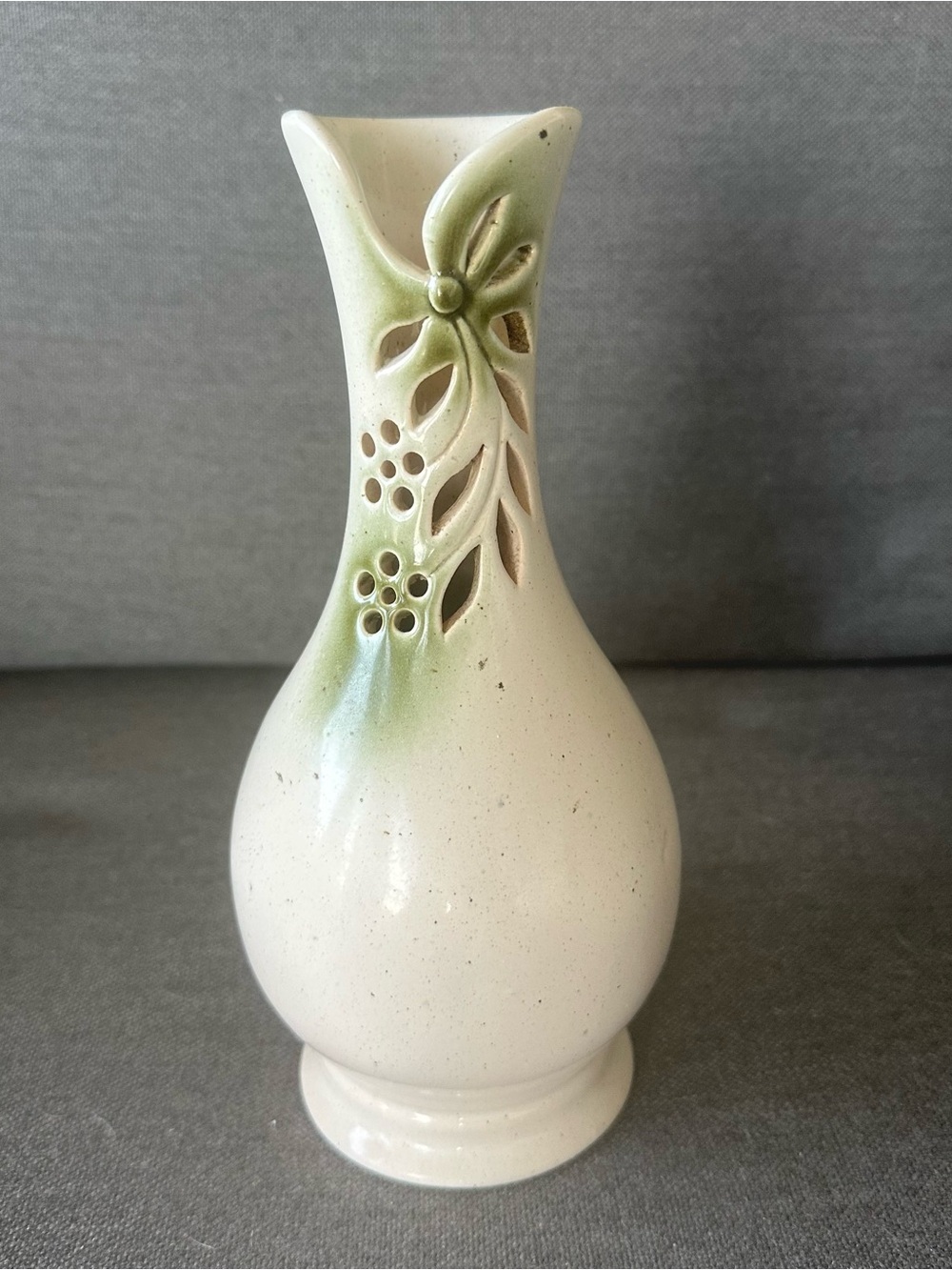Czech Pottery Floral Cutout Cream Green Ceramic Bud Vase Farmhouse Decor